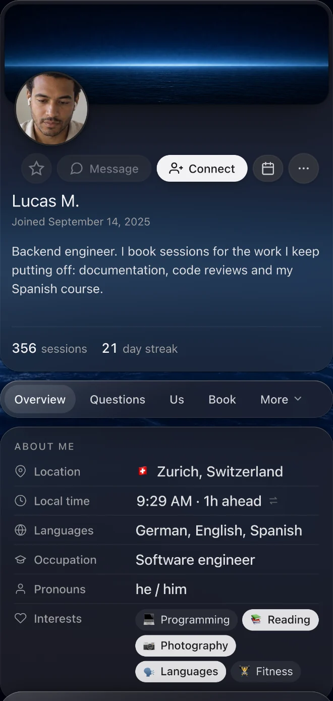 A partner's profile: what they work on, their sessions and streak, and tabs for their questions, the two of you and their bookings