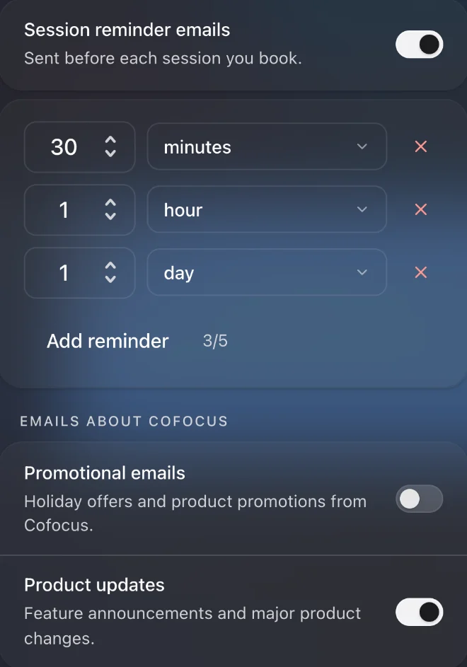 Session reminder emails set for 30 minutes, 1 hour and 1 day before each session