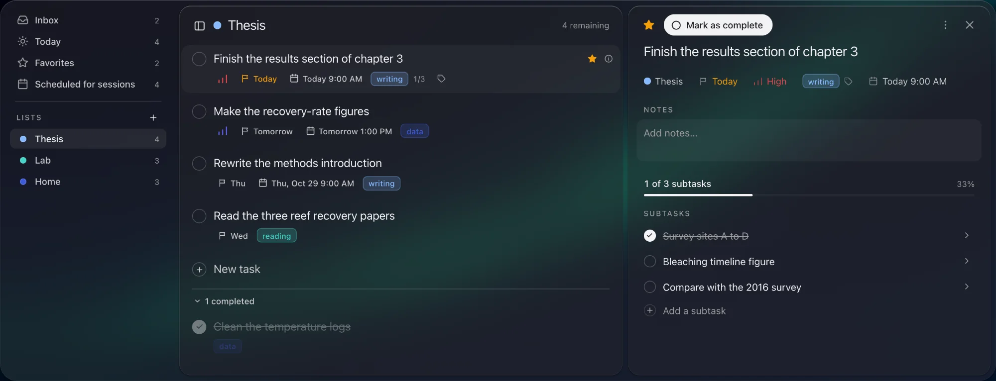 The task list: a Thesis list of tasks with labels and due dates, and one task open with its notes and subtasks