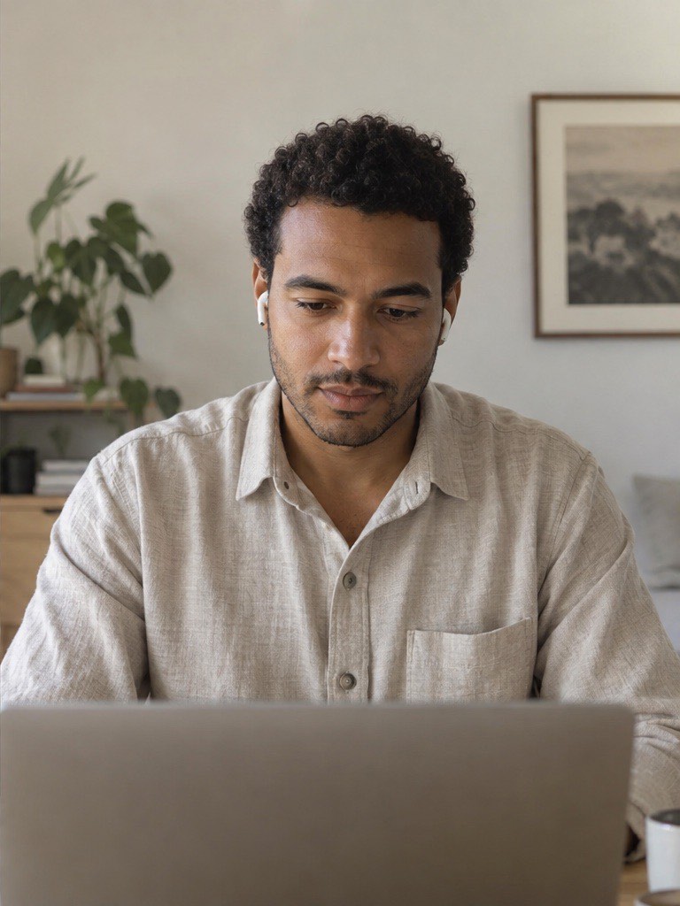A man working at his laptop in his own home.