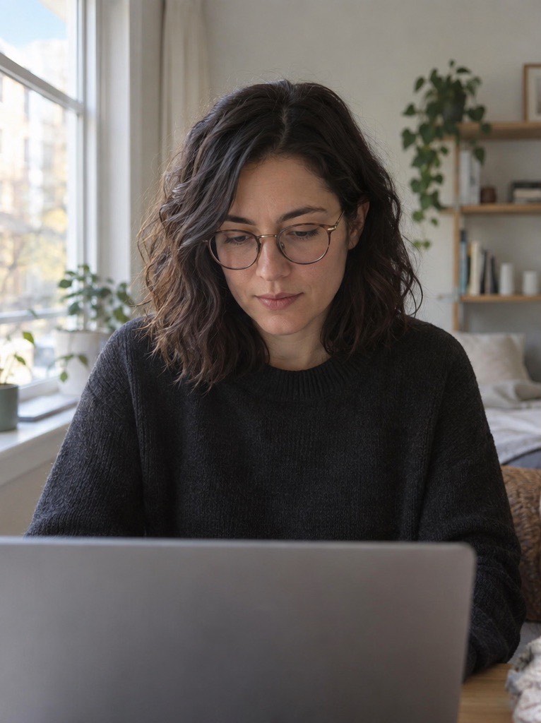A woman working at her laptop at home.
